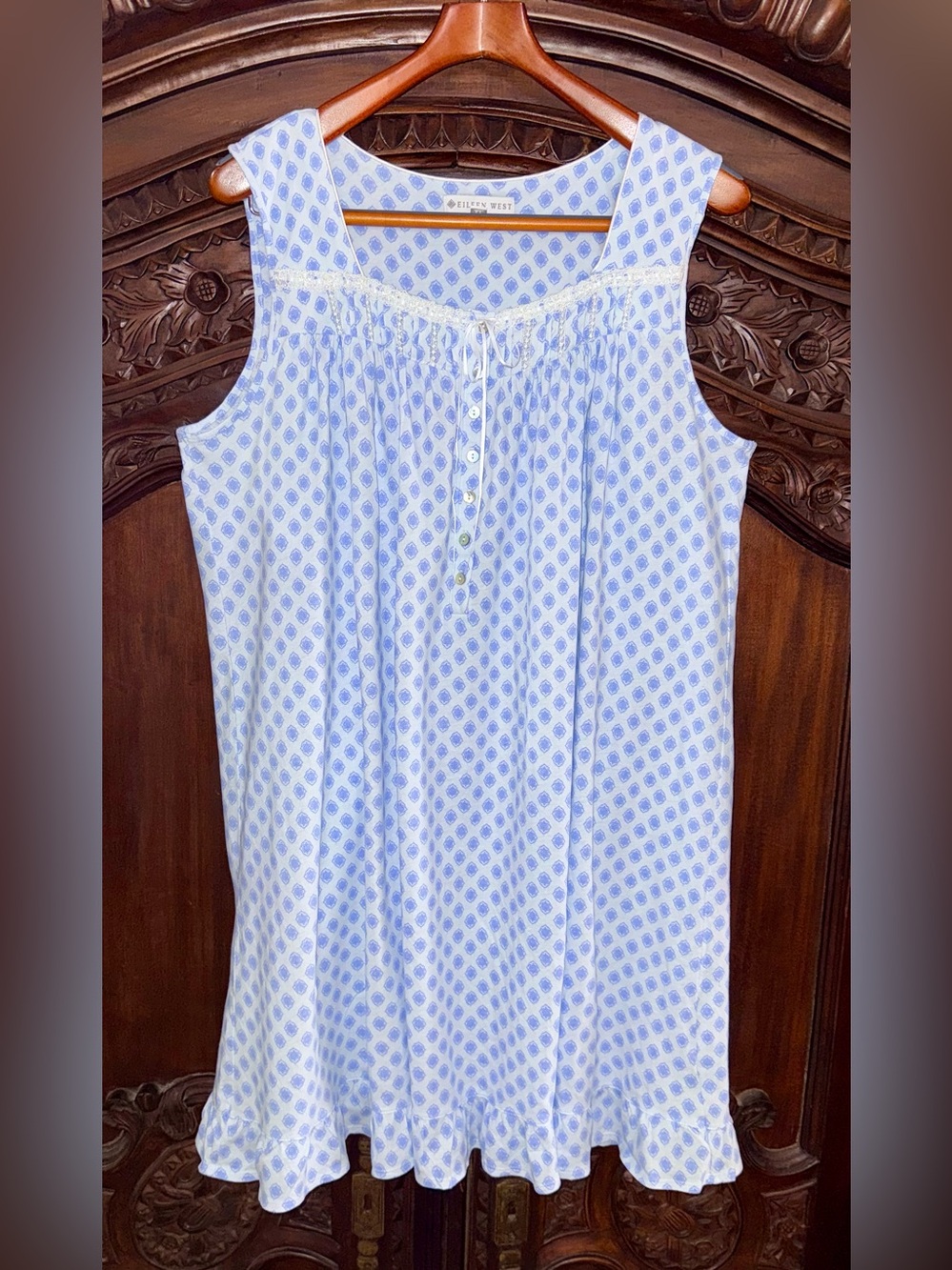 Eileen West XL Blue Floral Cotton Sleeveless Nightgown Lace Ruffle Cottagecore